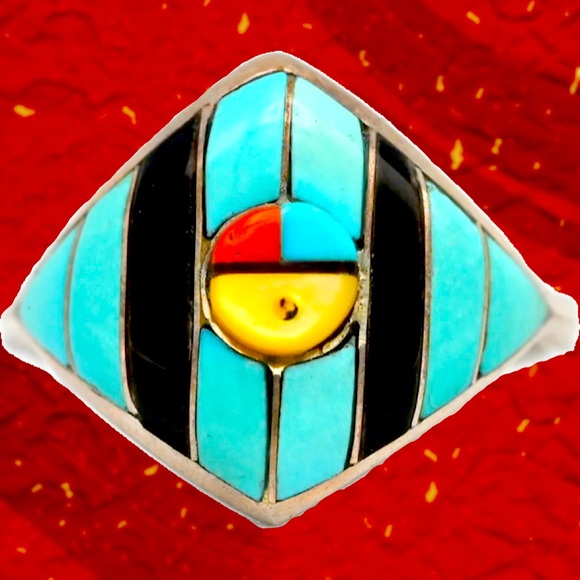 VINTAGE ZUNI STERLING SILVER TURQUOISE INLAY RING By FYC Zuni SIZE 7 - Picture 2 of 6